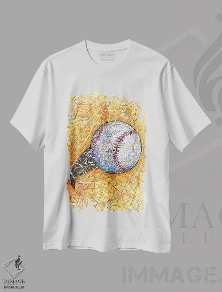 تیشرت سفید طرح دار ضربه بیسبال، دست نقاشی و طراحی دستی اثر کیت سلام | فروشگاه ایماژ