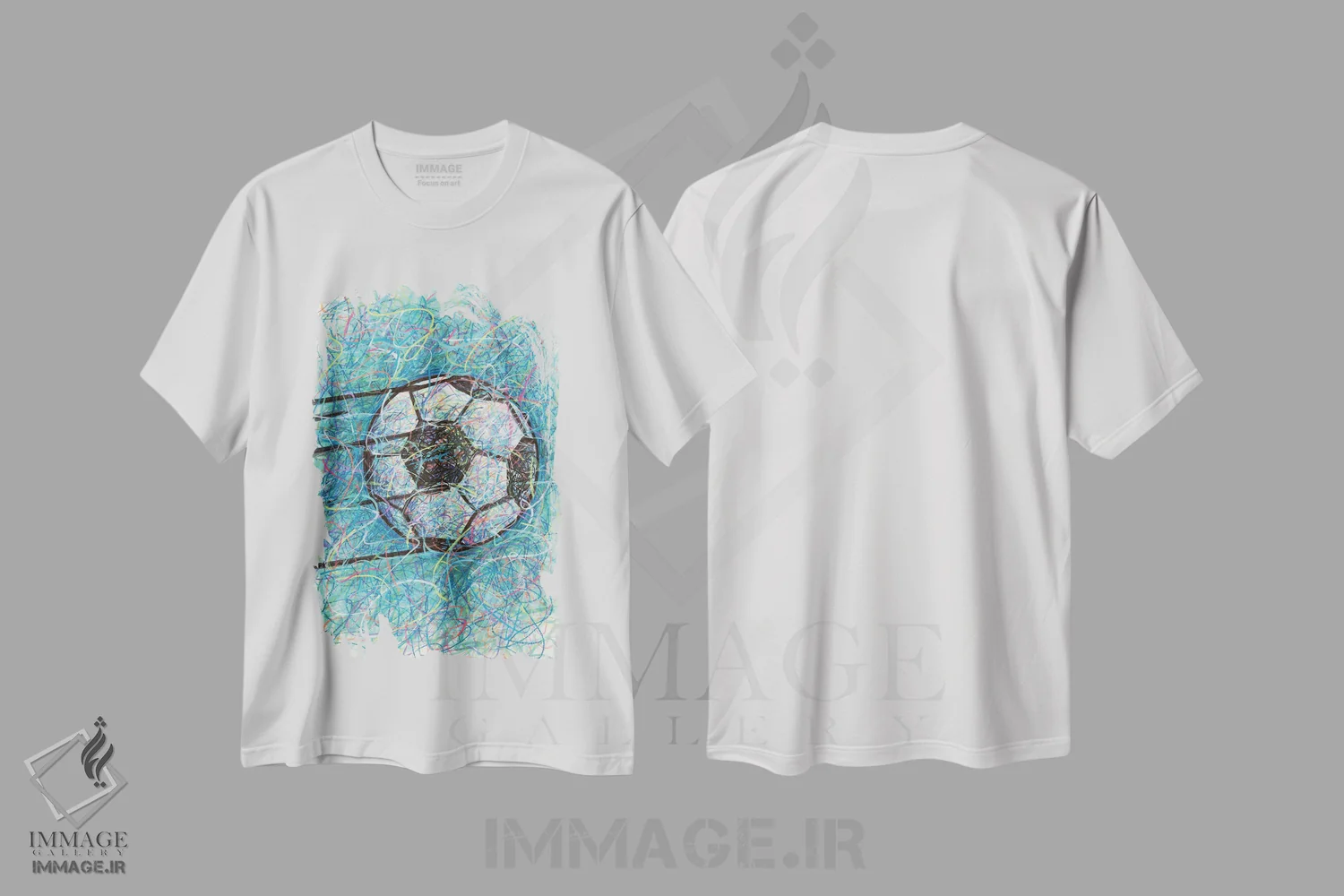 تیشرت سفید طرح دار شوت فوتبال، دست نقاشی و طراحی دستی اثر کیت سلام | immage.ir