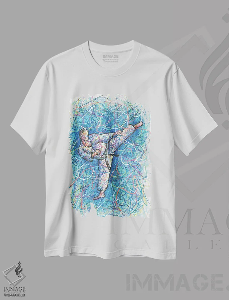 تیشرت سفید طرح دار کودک کاراته کار، دست نقاشی و طراحی دستی اثر کیت سلام | فروشگاه ایماژ