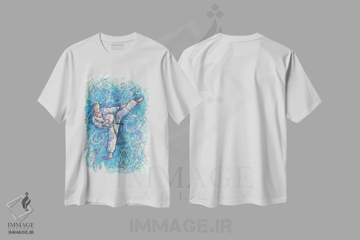 تیشرت سفید طرح دار کودک کاراته کار، دست نقاشی و طراحی دستی اثر کیت سلام | فروشگاه ایماژ