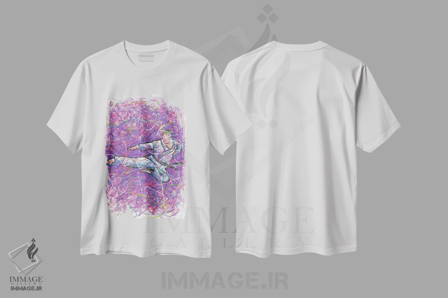 تیشرت سفید طرح دار ضربه پا کاراته، دست نقاشی و طراحی دستی اثر کیت سلام | immage.ir