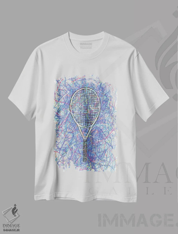 تیشرت سفید طرح دار راکت تنیس، دست نقاشی و طراحی دستی اثر کیت سلام | immage.ir