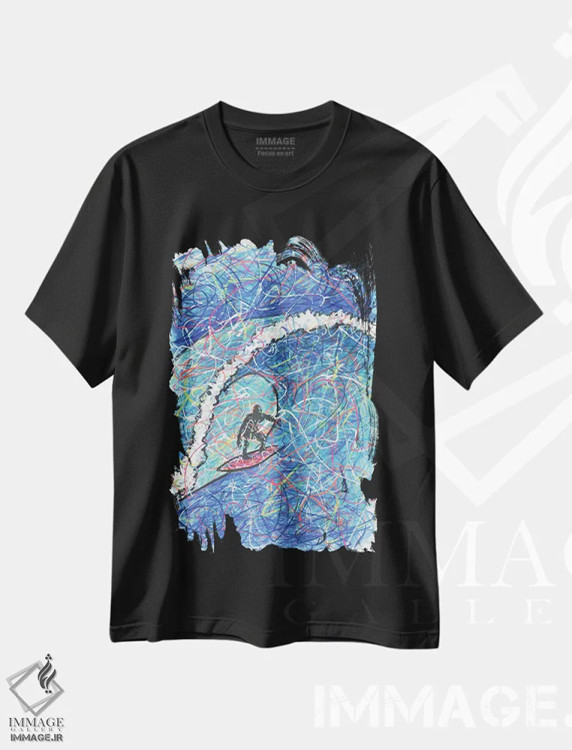 تیشرت مشکی طرح دار موج سواری روی موج، دکور ساحلی اثر کیت سلام | immage.ir