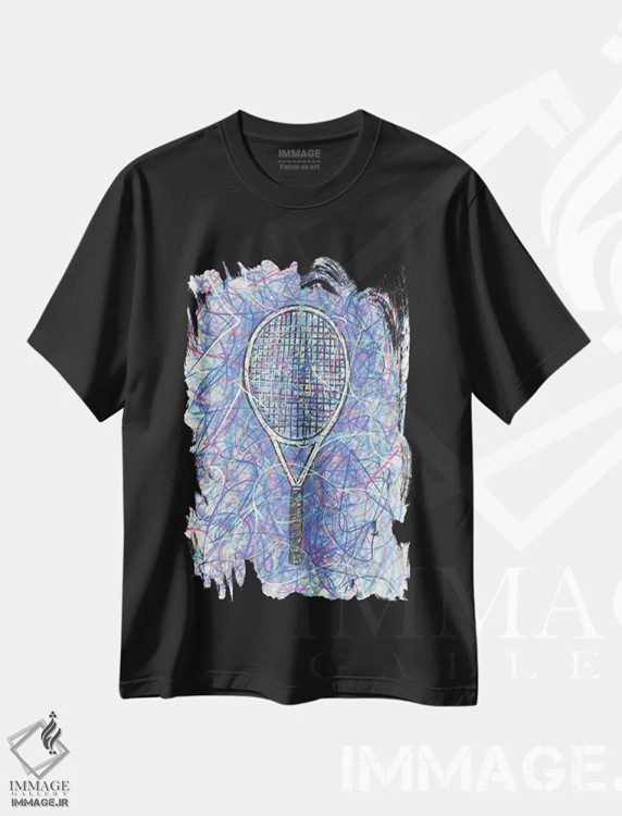 تیشرت مشکی طرح دار راکت تنیس، دست نقاشی و طراحی دستی اثر کیت سلام | فروشگاه ایماژ
