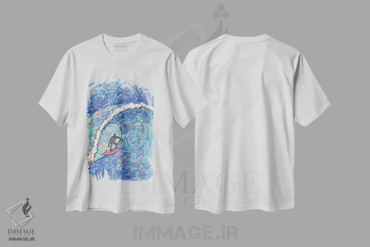 تیشرت سفید طرح دار موج سواری روی موج، دکور ساحلی اثر کیت سلام | فروشگاه ایماژ
