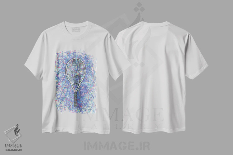 تیشرت سفید طرح دار راکت تنیس، دست نقاشی و طراحی دستی اثر کیت سلام | immage.ir