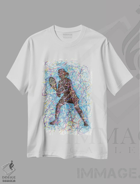 تیشرت سفید طرح دار بازیکن تنیس زن، دست نقاشی و طراحی دستی اثر کیت سلام | immage.ir