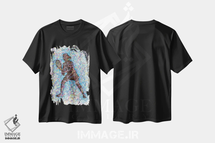 تیشرت مشکی طرح دار بازیکن تنیس زن، دست نقاشی و طراحی دستی اثر کیت سلام | فروشگاه ایماژ