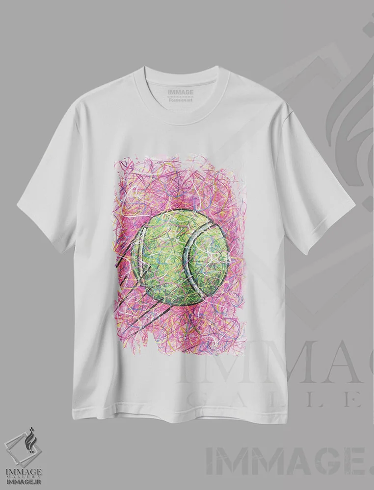تیشرت سفید طرح دار توپ تنیس، دست نقاشی و طراحی دستی اثر کیت سلام | فروشگاه ایماژ