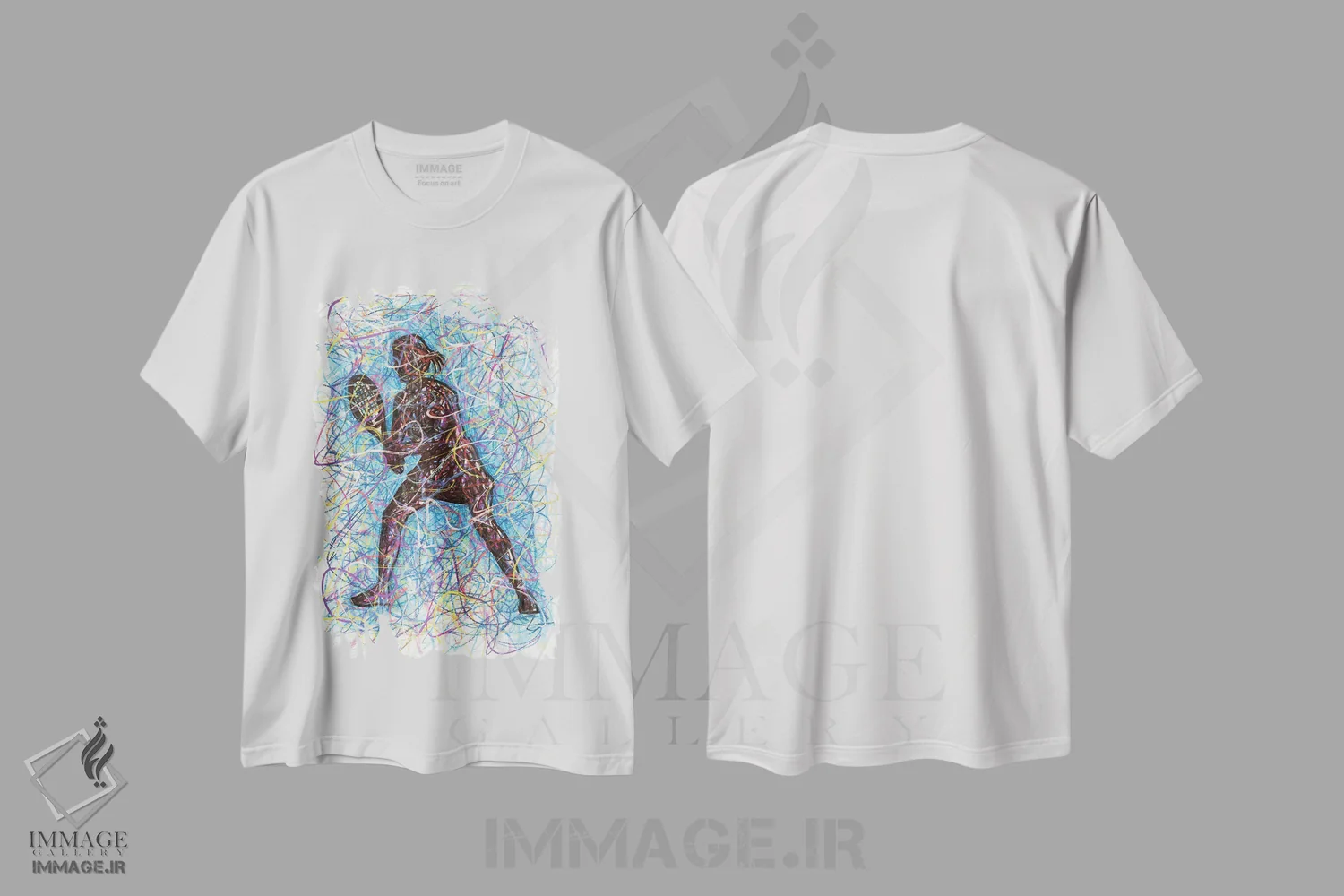 تیشرت سفید طرح دار بازیکن تنیس زن، دست نقاشی و طراحی دستی اثر کیت سلام | immage.ir