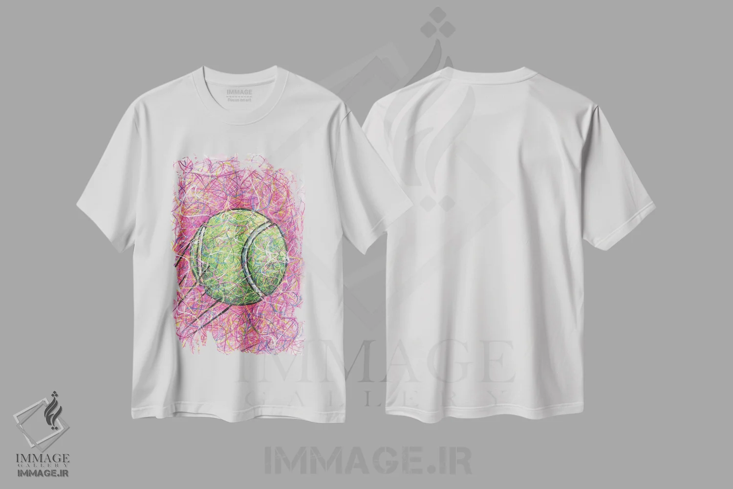 تیشرت سفید طرح دار توپ تنیس، دست نقاشی و طراحی دستی اثر کیت سلام | فروشگاه ایماژ