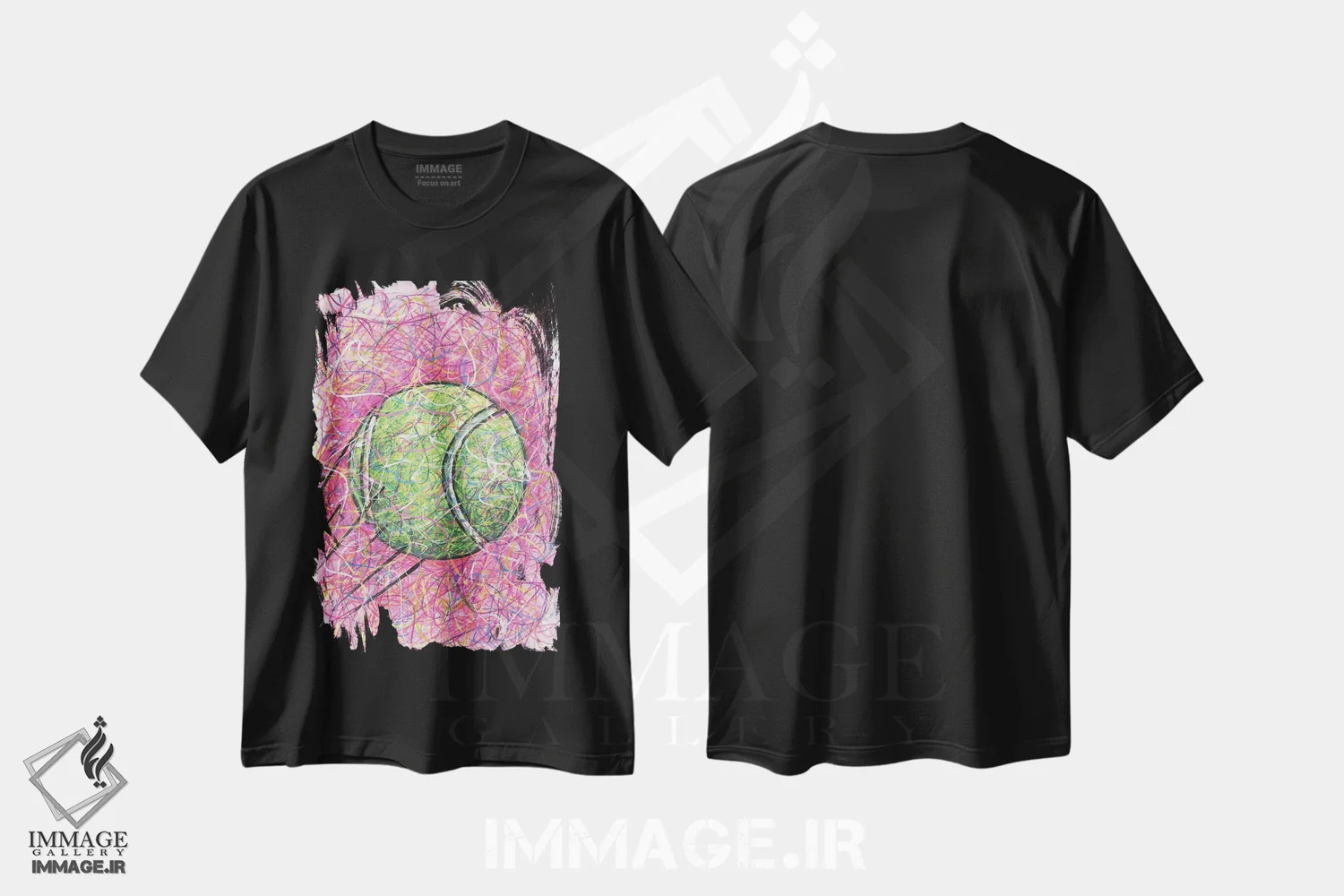 تیشرت مشکی طرح دار توپ تنیس، دست نقاشی و طراحی دستی اثر کیت سلام | immage.ir