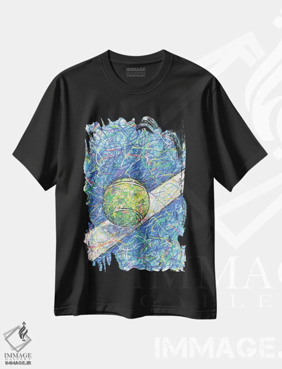 تیشرت مشکی طرح دار زمین تنیس، دست نقاشی و طراحی دستی اثر کیت سلام | فروشگاه ایماژ