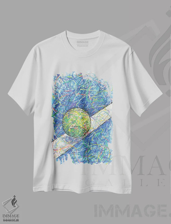 تیشرت سفید طرح دار زمین تنیس، دست نقاشی و طراحی دستی اثر کیت سلام | immage.ir