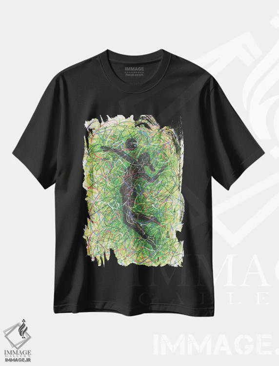 تیشرت مشکی طرح دار بازیکن والیبال زن، دست نقاشی و طراحی دستی اثر کیت سلام | immage.ir