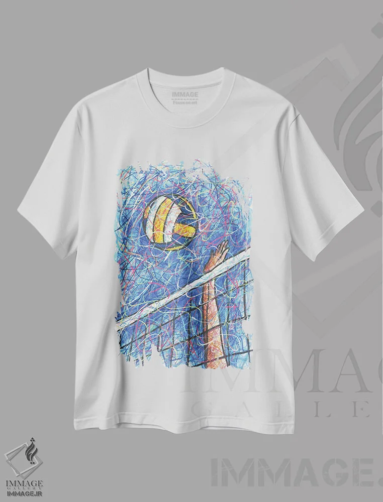 تیشرت سفید طرح دار تور والیبال، دست نقاشی و طراحی دستی اثر کیت سلام | immage.ir