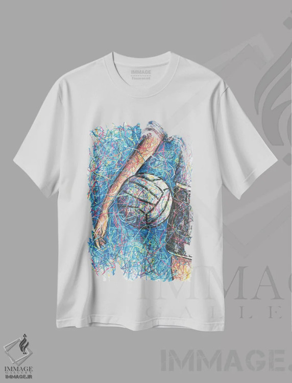 تیشرت سفید طرح دار لوازم والیبال، دست نقاشی و طراحی دستی اثر کیت سلام | immage.ir