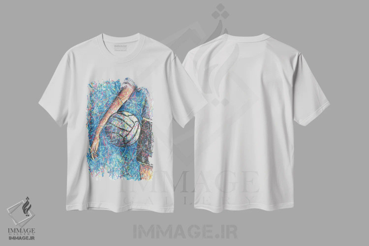 تیشرت سفید طرح دار لوازم والیبال، دست نقاشی و طراحی دستی اثر کیت سلام | immage.ir