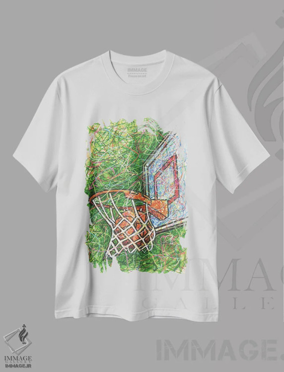 تیشرت سفید طرح دار حلقه بسکتبال، دست نقاشی و طراحی دستی اثر کیت سلام | فروشگاه ایماژ