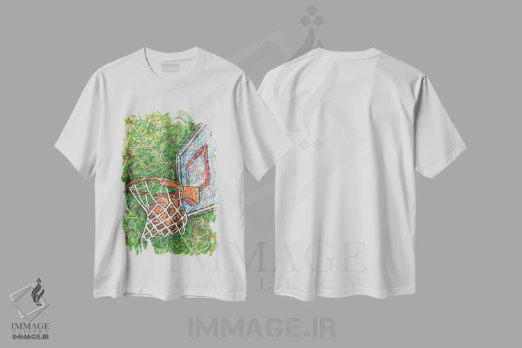 تیشرت سفید طرح دار حلقه بسکتبال، دست نقاشی و طراحی دستی اثر کیت سلام | فروشگاه ایماژ