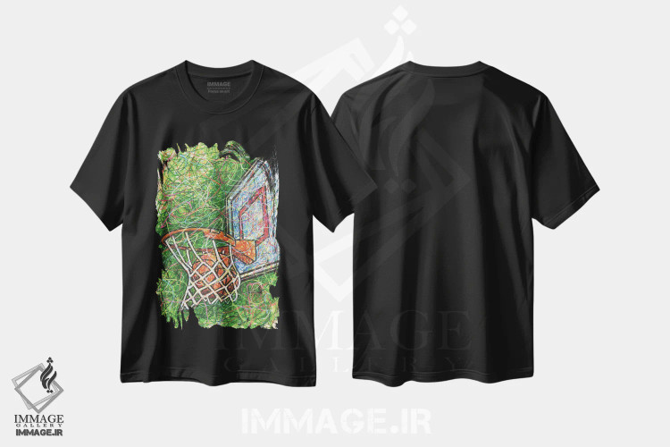 تیشرت مشکی طرح دار حلقه بسکتبال، دست نقاشی و طراحی دستی اثر کیت سلام | immage.ir