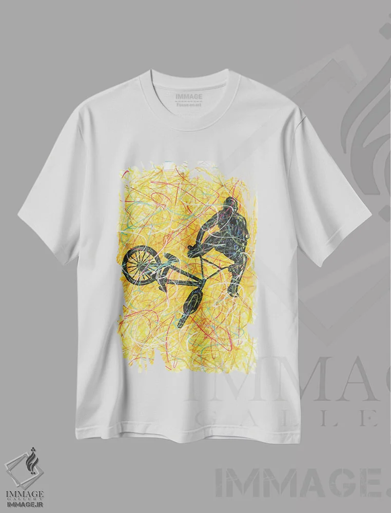 تیشرت سفید طرح دار حرکت نمایشی BMX، دست نقاشی و طراحی دستی اثر کیت سلام | immage.ir