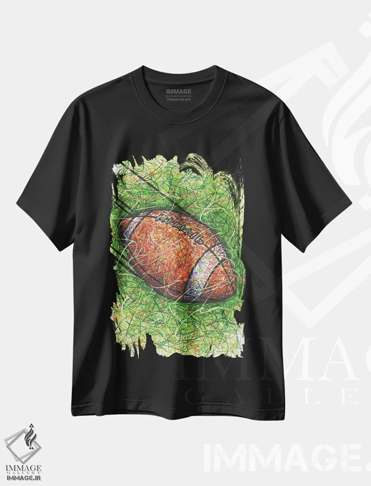 تیشرت مشکی طرح دار پاس فوتبال، دست نقاشی و طراحی دستی اثر کیت سلام | immage.ir