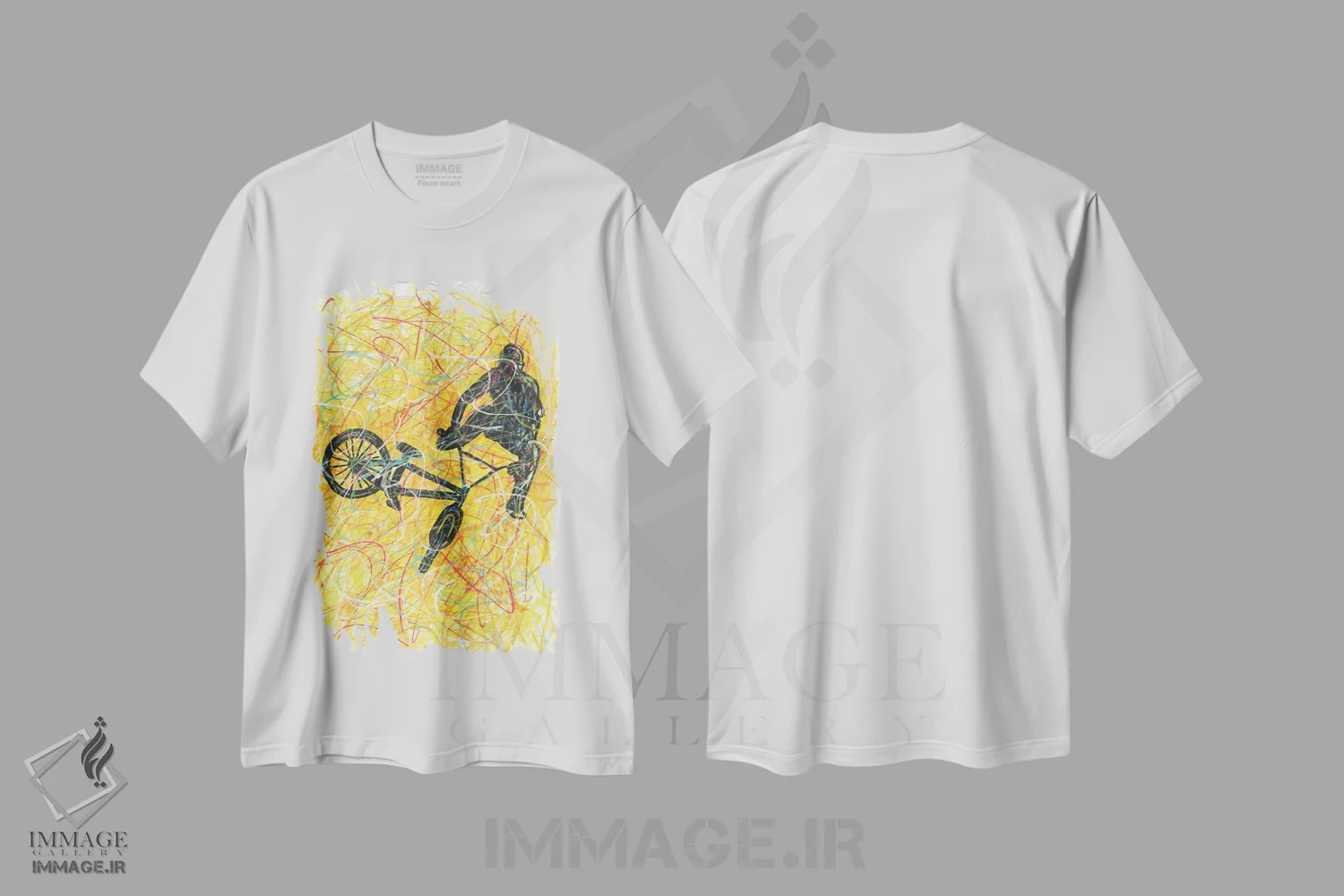 تیشرت سفید طرح دار حرکت نمایشی BMX، دست نقاشی و طراحی دستی اثر کیت سلام | immage.ir