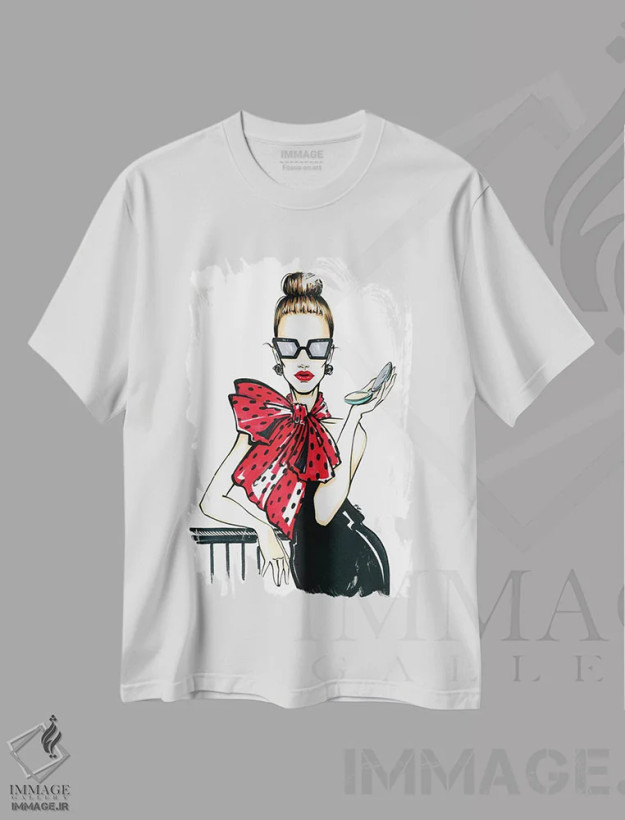 تیشرت سفید طرح دار دختر با پاپیون، هنر دیجیتال اثر کاترینا پاشه گور | فروشگاه ایماژ