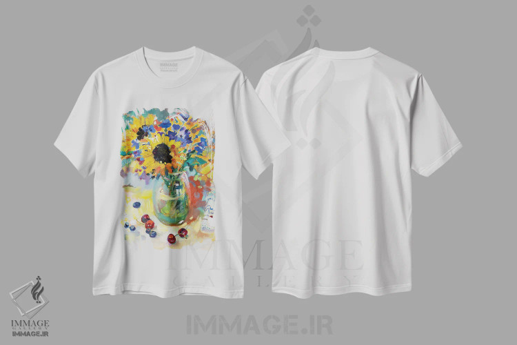تیشرت سفید طرح دار دسته گل تابستانی در گلدان شیشه ای، تزئینی اثر کاتارینا والِوا | فروشگاه ایماژ