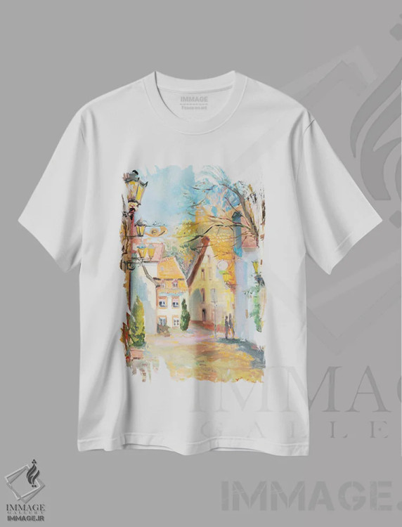 تیشرت سفید طرح دار شهر در بهار، تزئینی اثر کاتارینا والِوا | فروشگاه ایماژ