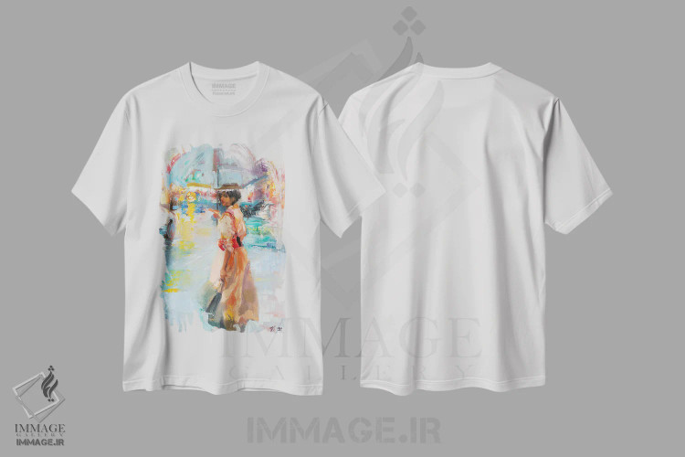 تیشرت سفید طرح دار دختر ناشناس زیر چتر، تزئینی اثر کاتارینا والِوا | فروشگاه ایماژ