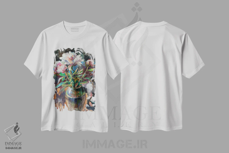 تیشرت سفید طرح دار دسته گل گل صدتومانی صورتی، تزئینی اثر کاتارینا والِوا | فروشگاه ایماژ