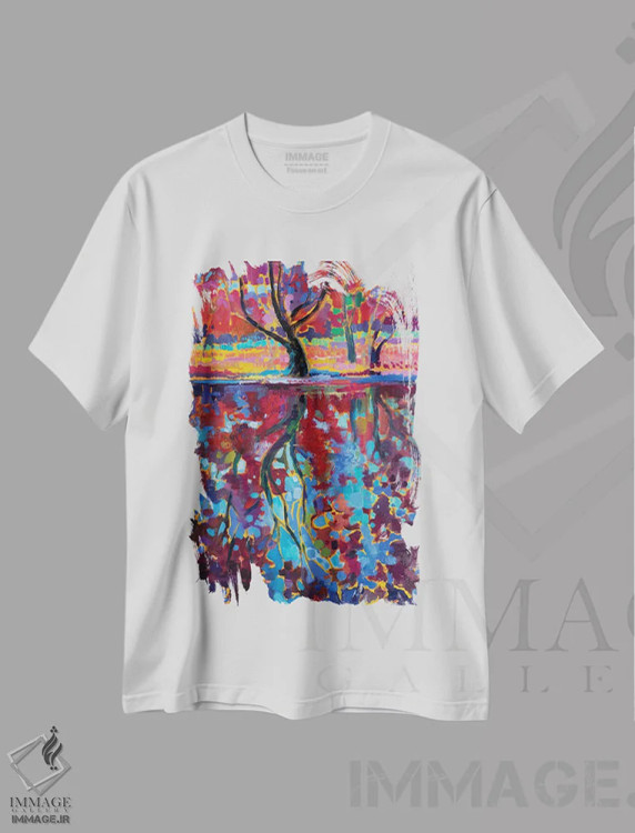 تیشرت سفید طرح دار منظره پاییزی با انعکاس، تزئینی اثر کاتارینا والِوا | فروشگاه ایماژ