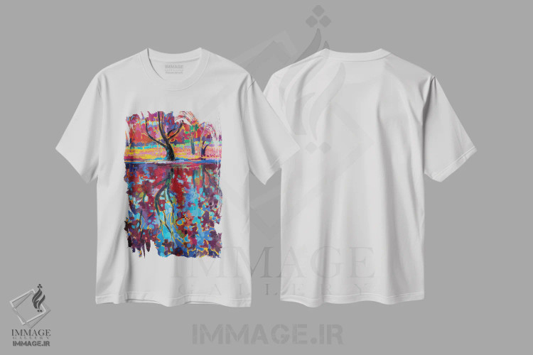 تیشرت سفید طرح دار منظره پاییزی با انعکاس، تزئینی اثر کاتارینا والِوا | فروشگاه ایماژ
