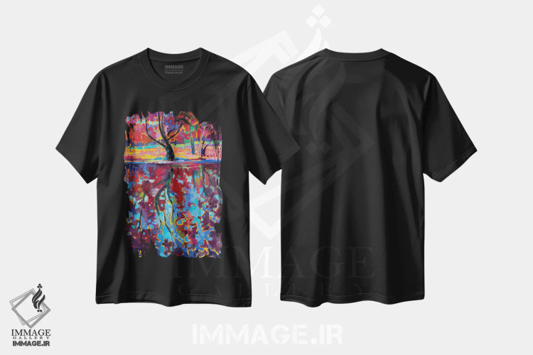 تیشرت مشکی طرح دار منظره پاییزی با انعکاس، تزئینی اثر کاتارینا والِوا | immage.ir