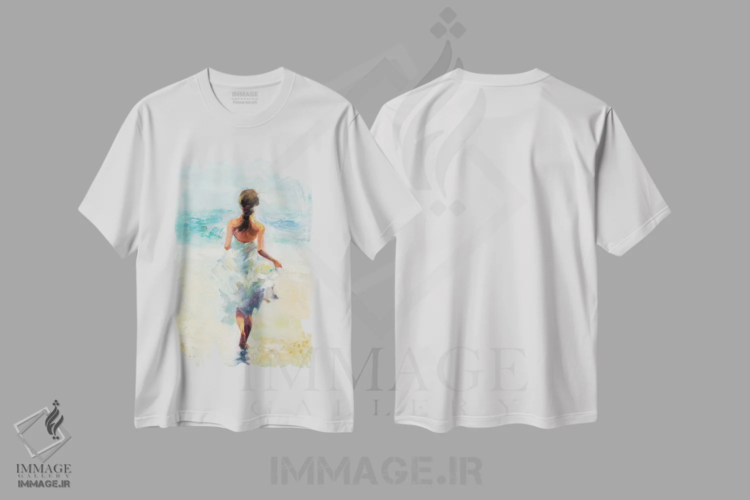 تیشرت سفید طرح دار دختر در حال دویدن روی موج ها، تزئینی اثر کاتارینا والِوا | immage.ir