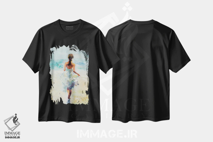 تیشرت مشکی طرح دار دختر در حال دویدن روی موج ها، تزئینی اثر کاتارینا والِوا | فروشگاه ایماژ