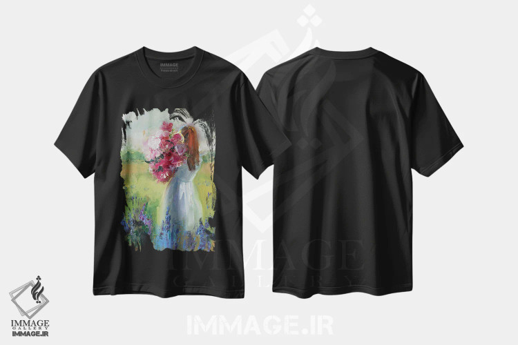 تیشرت مشکی طرح دار دختر با گل ها، تزئینی اثر کاتارینا والِوا | immage.ir