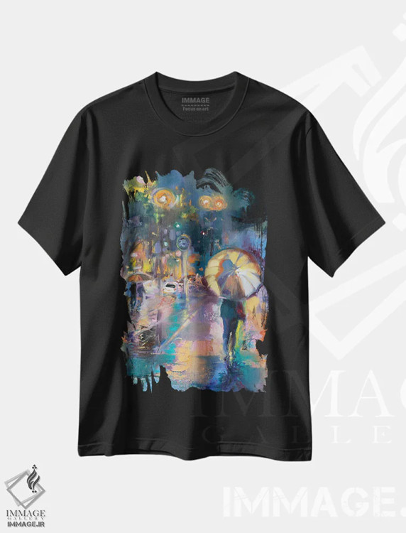 تیشرت مشکی طرح دار چراغ های شبانه شهر، تزئینی اثر کاتارینا والِوا | فروشگاه ایماژ
