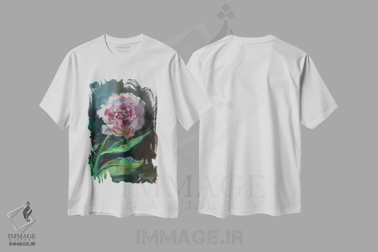 تیشرت سفید طرح دار گل صدتومانی صورتی، تزئینی اثر کاتارینا والِوا | فروشگاه ایماژ