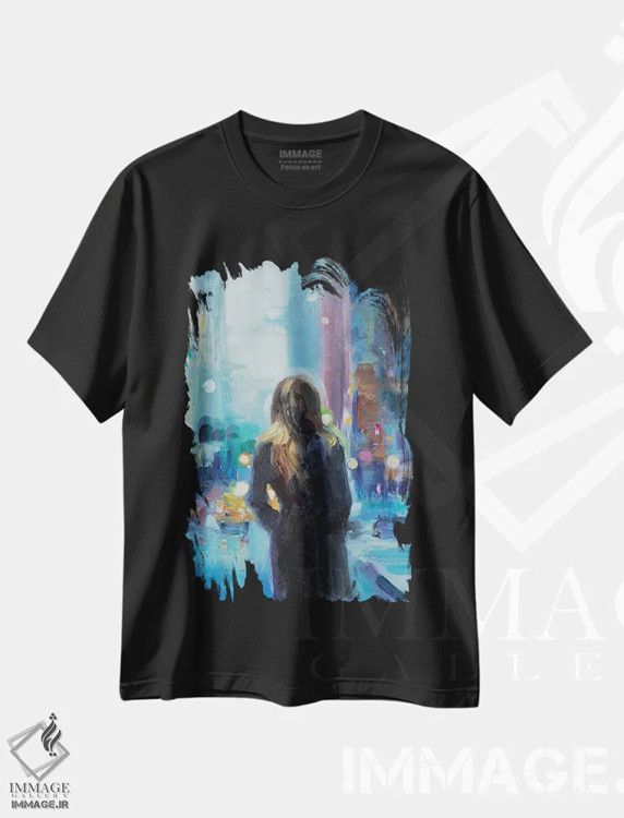 تیشرت مشکی طرح دار روز بارانی در شهر، تزئینی اثر کاتارینا والِوا | فروشگاه ایماژ