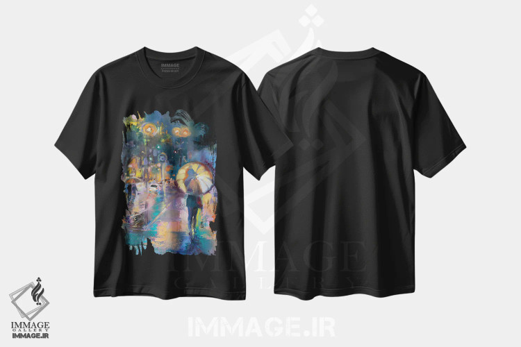 تیشرت مشکی طرح دار چراغ های شبانه شهر، تزئینی اثر کاتارینا والِوا | فروشگاه ایماژ