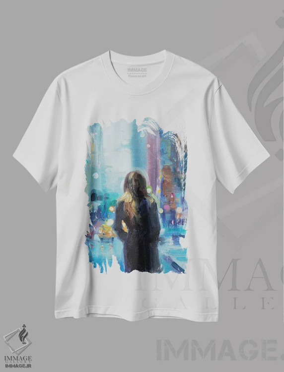 تیشرت سفید طرح دار روز بارانی در شهر، تزئینی اثر کاتارینا والِوا | immage.ir