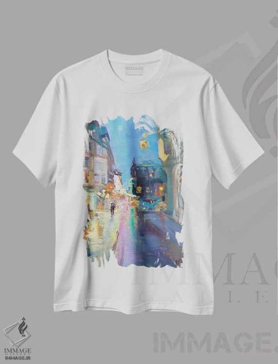 تیشرت سفید طرح دار غروب بارانی، تزئینی اثر کاتارینا والِوا | immage.ir
