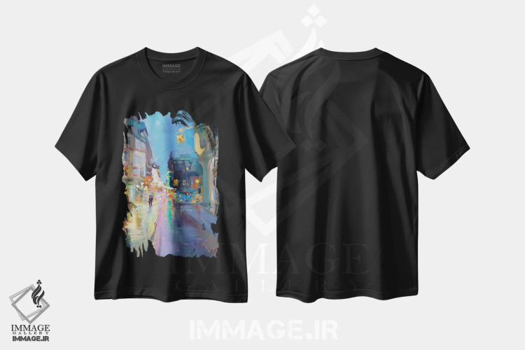 تیشرت مشکی طرح دار غروب بارانی، تزئینی اثر کاتارینا والِوا | فروشگاه ایماژ