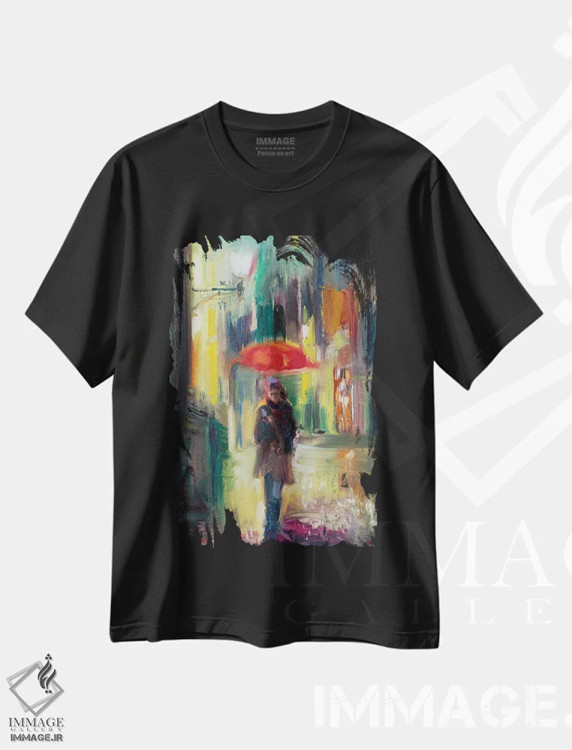 تیشرت مشکی طرح دار چتر قرمز، تزئینی اثر کاتارینا والِوا | فروشگاه ایماژ