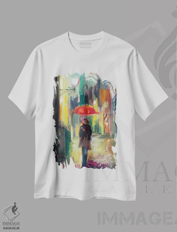 تیشرت سفید طرح دار چتر قرمز، تزئینی اثر کاتارینا والِوا | immage.ir