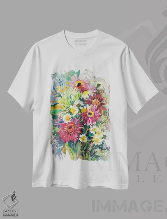 تیشرت سفید طرح دار دسته گل تابستانی، تزئینی اثر کاتارینا والِوا | فروشگاه ایماژ