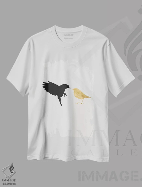 تیشرت سفید طرح دار مرغ عشق، تزئینی اثر کوبیستیکا | فروشگاه ایماژ